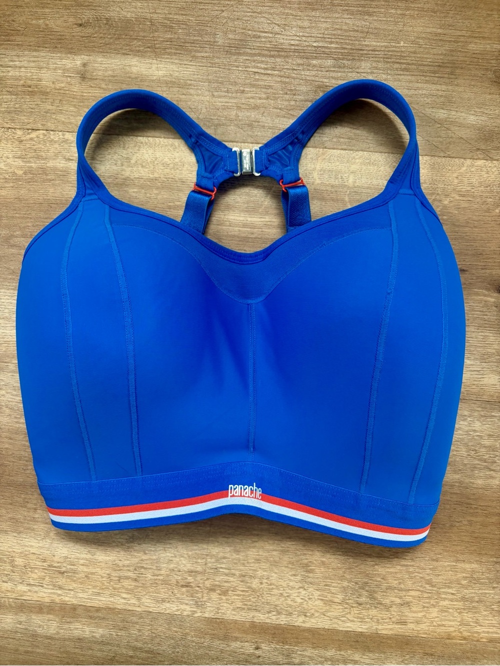 Panache Blue High-Support Sports Bra with Red & White Trim